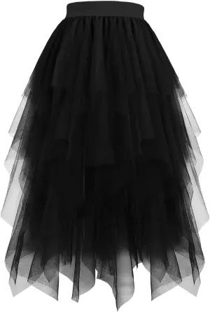 Women Tulle Skirt High Low Asymmetrical Midi Length Elastic Waist Tutu Layered Puffy Fairy Dress Costume