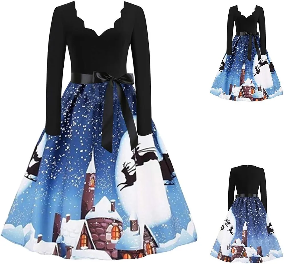 Women Vintage Christmas Dress Lace V Neck Long Sleeve Print Flared A Line Cocktail Party Swing Dress Clubwear