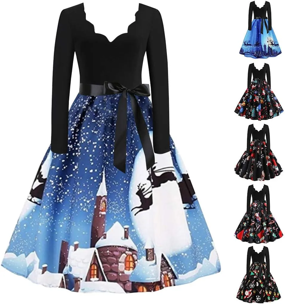 Women Vintage Christmas Dress Lace V Neck Long Sleeve Print Flared A Line Cocktail Party Swing Dress Clubwear
