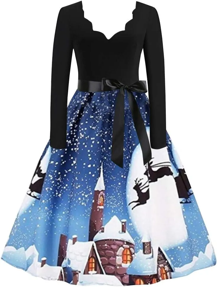Women Vintage Christmas Dress Lace V Neck Long Sleeve Print Flared A Line Cocktail Party Swing Dress Clubwear