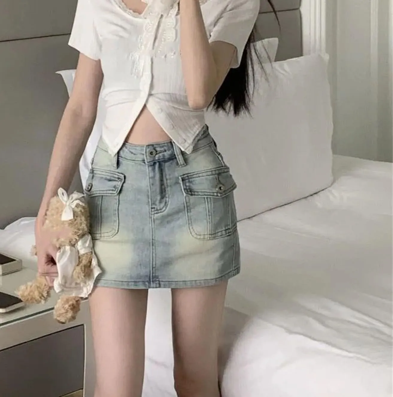 Women Vintage Denim Mini Skirts Korean Style Fashion Pockets High Waisted Bodycon Pencil Skirts