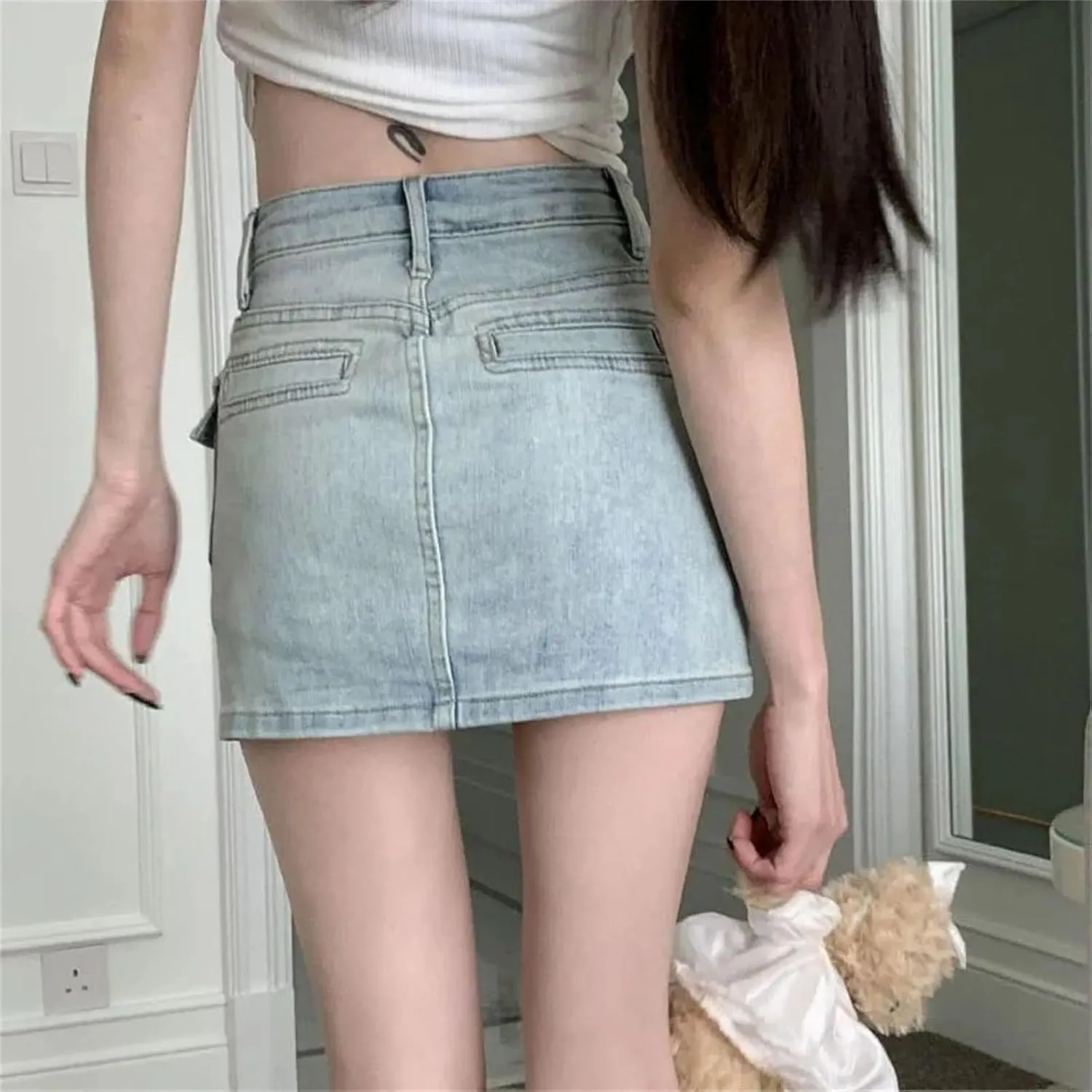 Women Vintage Denim Mini Skirts Korean Style Fashion Pockets High Waisted Bodycon Pencil Skirts