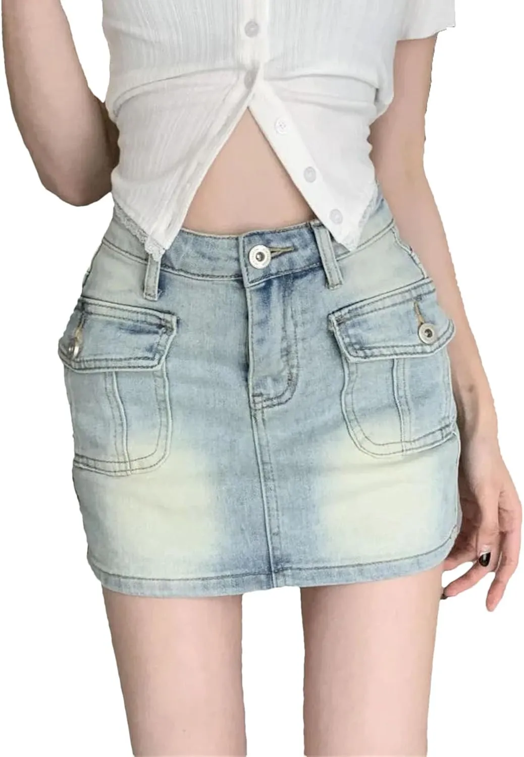 Women Vintage Denim Mini Skirts Korean Style Fashion Pockets High Waisted Bodycon Pencil Skirts