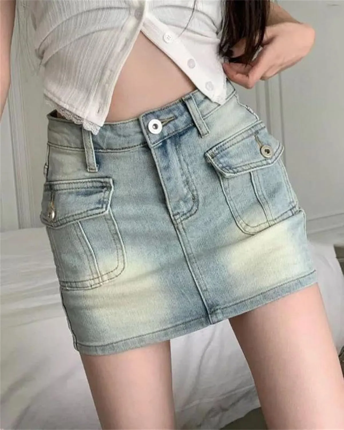 Women Vintage Denim Mini Skirts Korean Style Fashion Pockets High Waisted Bodycon Pencil Skirts