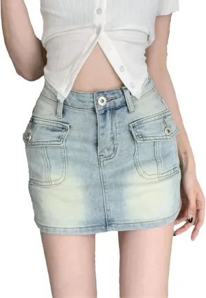 Women Vintage Denim Mini Skirts Korean Style Fashion Pockets High Waisted Bodycon Pencil Skirts