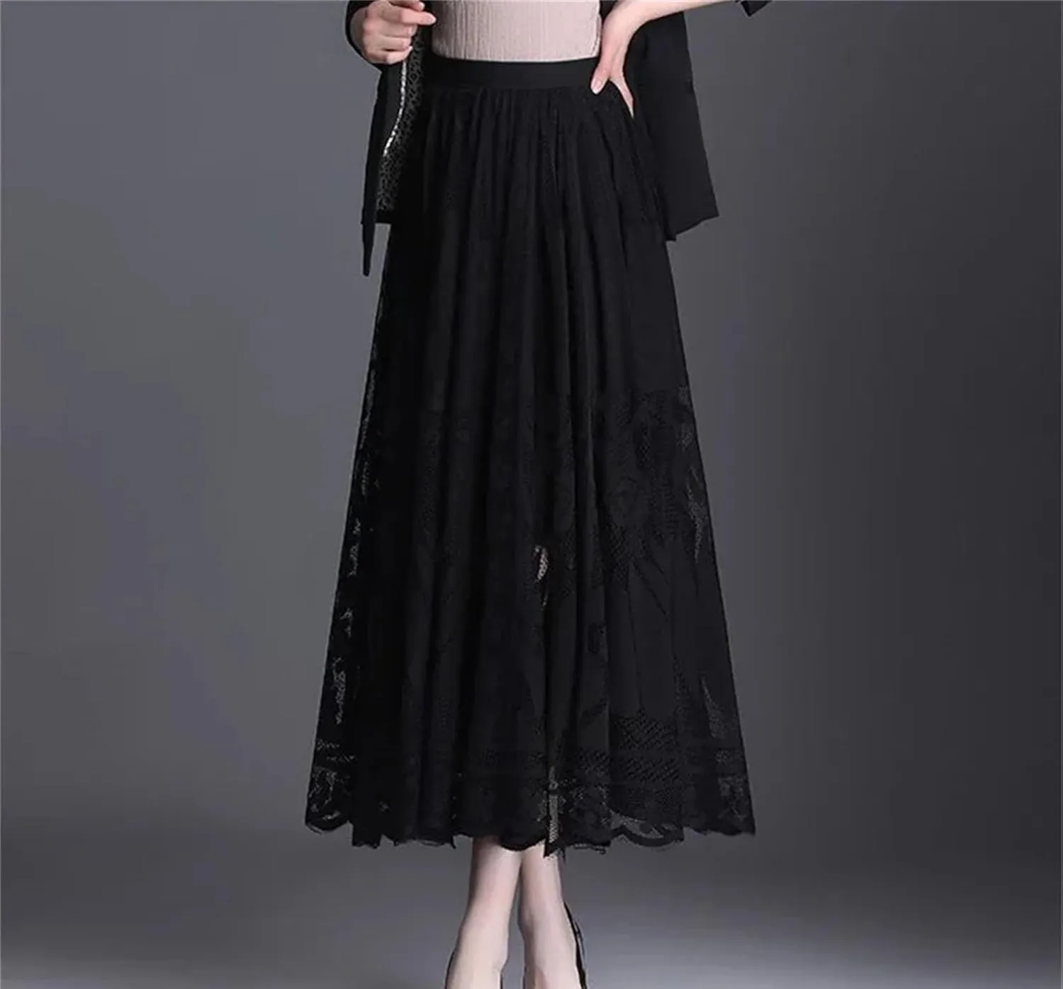 Women Vintage Sexy Hollow Lace Skirts Summer High Waist Party Maxi Skirts