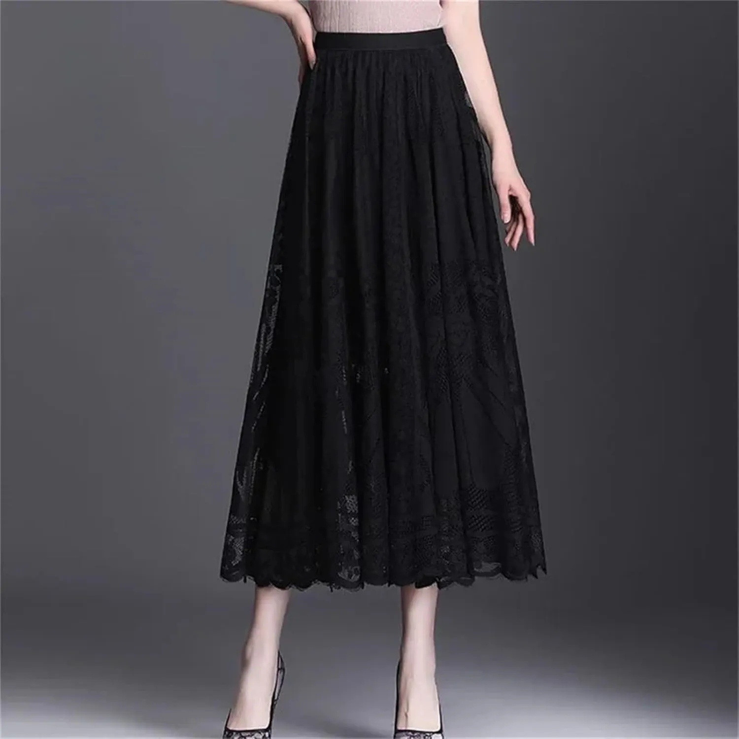 Women Vintage Sexy Hollow Lace Skirts Summer High Waist Party Maxi Skirts
