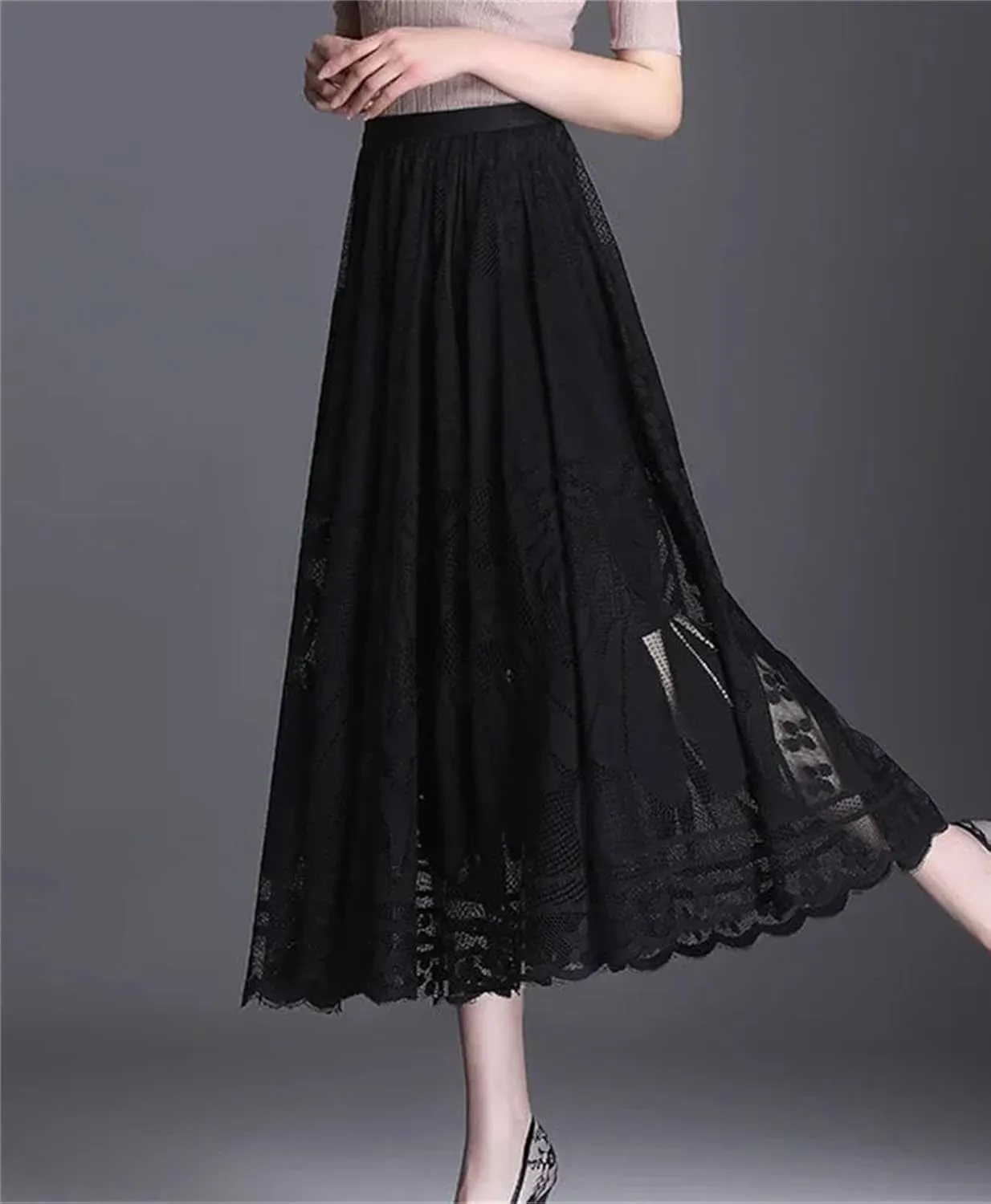 Women Vintage Sexy Hollow Lace Skirts Summer High Waist Party Maxi Skirts