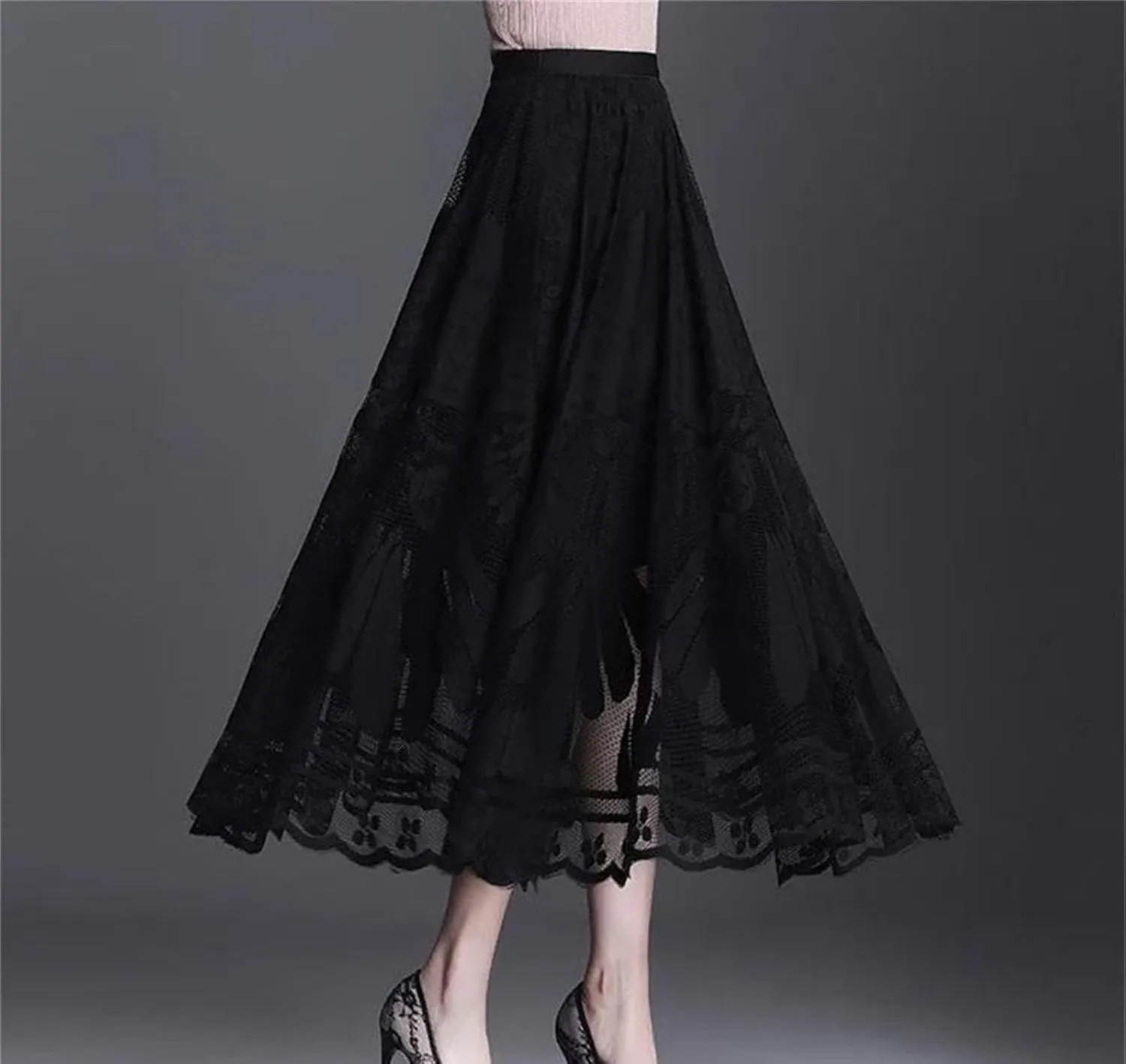 Women Vintage Sexy Hollow Lace Skirts Summer High Waist Party Maxi Skirts