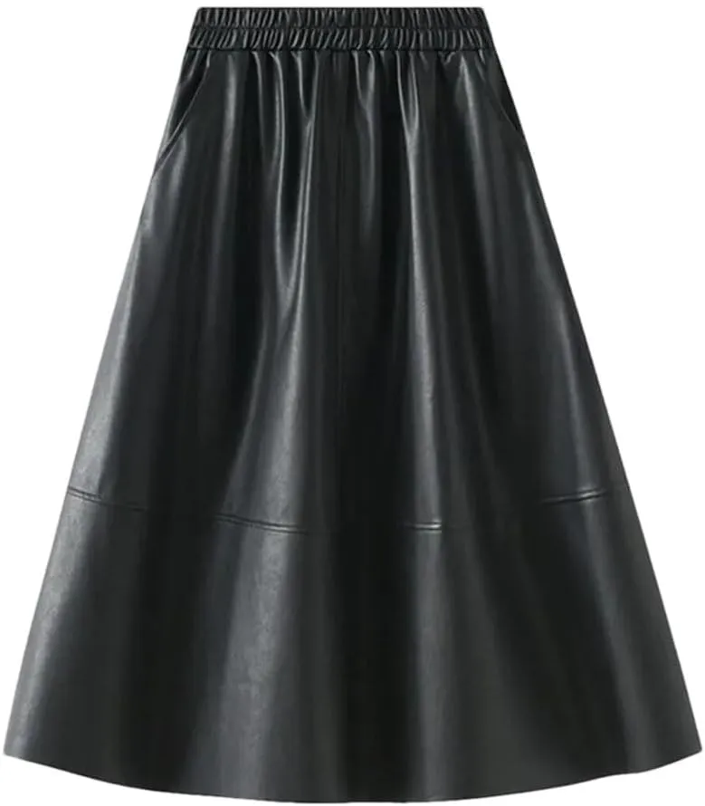 Women Winter Skirts Solid Pu Leather Umbrella Skirts with Pockets Gray Midi Skirt