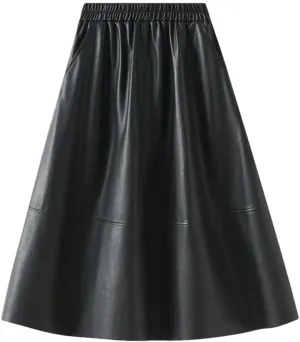 Women Winter Skirts Solid Pu Leather Umbrella Skirts with Pockets Gray Midi Skirt