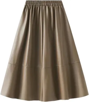 Women Winter Skirts Solid Pu Leather Umbrella Skirts with Pockets Gray Midi Skirt