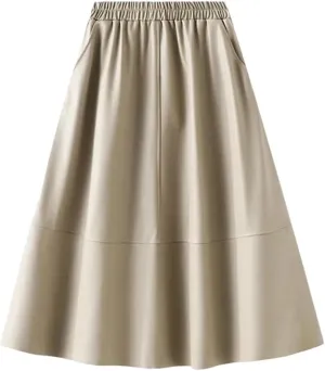 Women Winter Skirts Solid Pu Leather Umbrella Skirts with Pockets Gray Midi Skirt