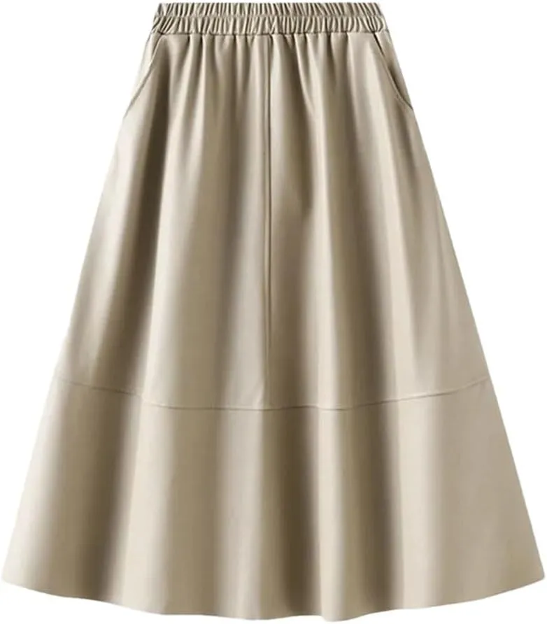 Women Winter Skirts Solid Pu Leather Umbrella Skirts with Pockets Gray Midi Skirt