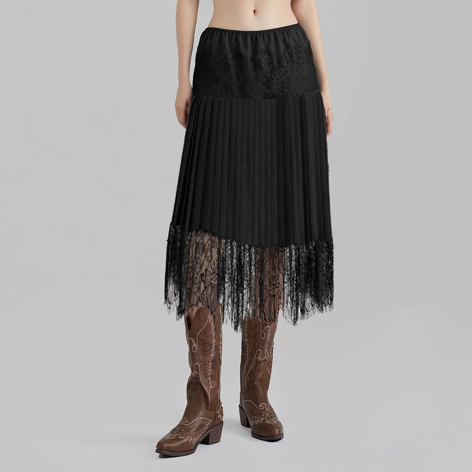 Women Y2k Lace Slip Skirt Elastic Mid Waist Midi Skirts Pleated Ruffle Flowy Skirts Layered Slip Skirt Streetwear