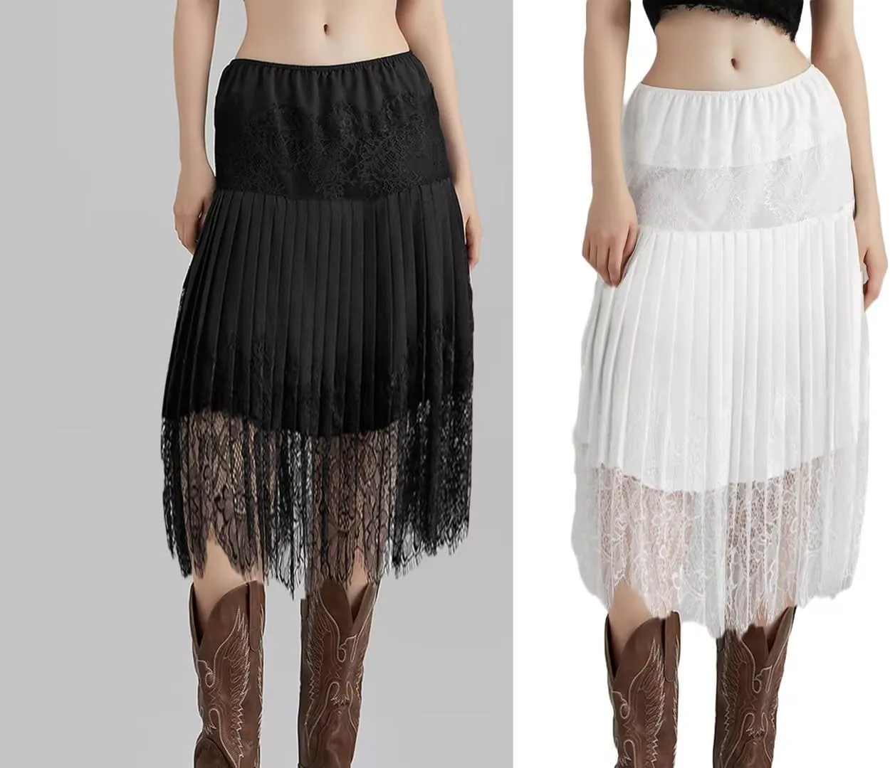 Women Y2k Lace Slip Skirt Elastic Mid Waist Midi Skirts Pleated Ruffle Flowy Skirts Layered Slip Skirt Streetwear