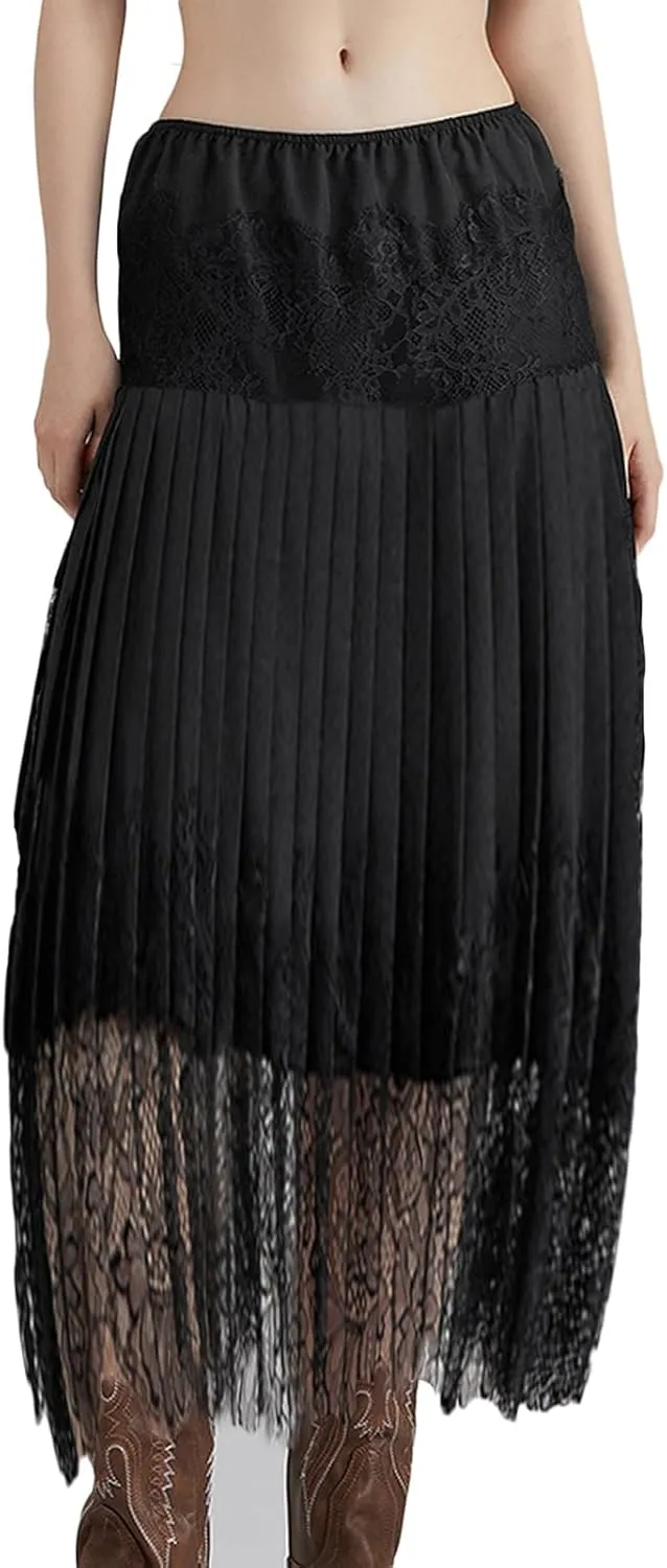 Women Y2k Lace Slip Skirt Elastic Mid Waist Midi Skirts Pleated Ruffle Flowy Skirts Layered Slip Skirt Streetwear
