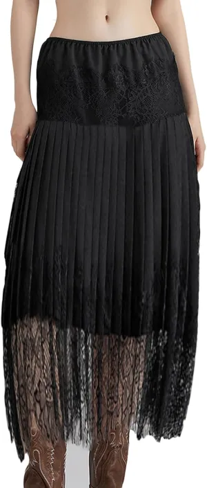Women Y2k Lace Slip Skirt Elastic Mid Waist Midi Skirts Pleated Ruffle Flowy Skirts Layered Slip Skirt Streetwear