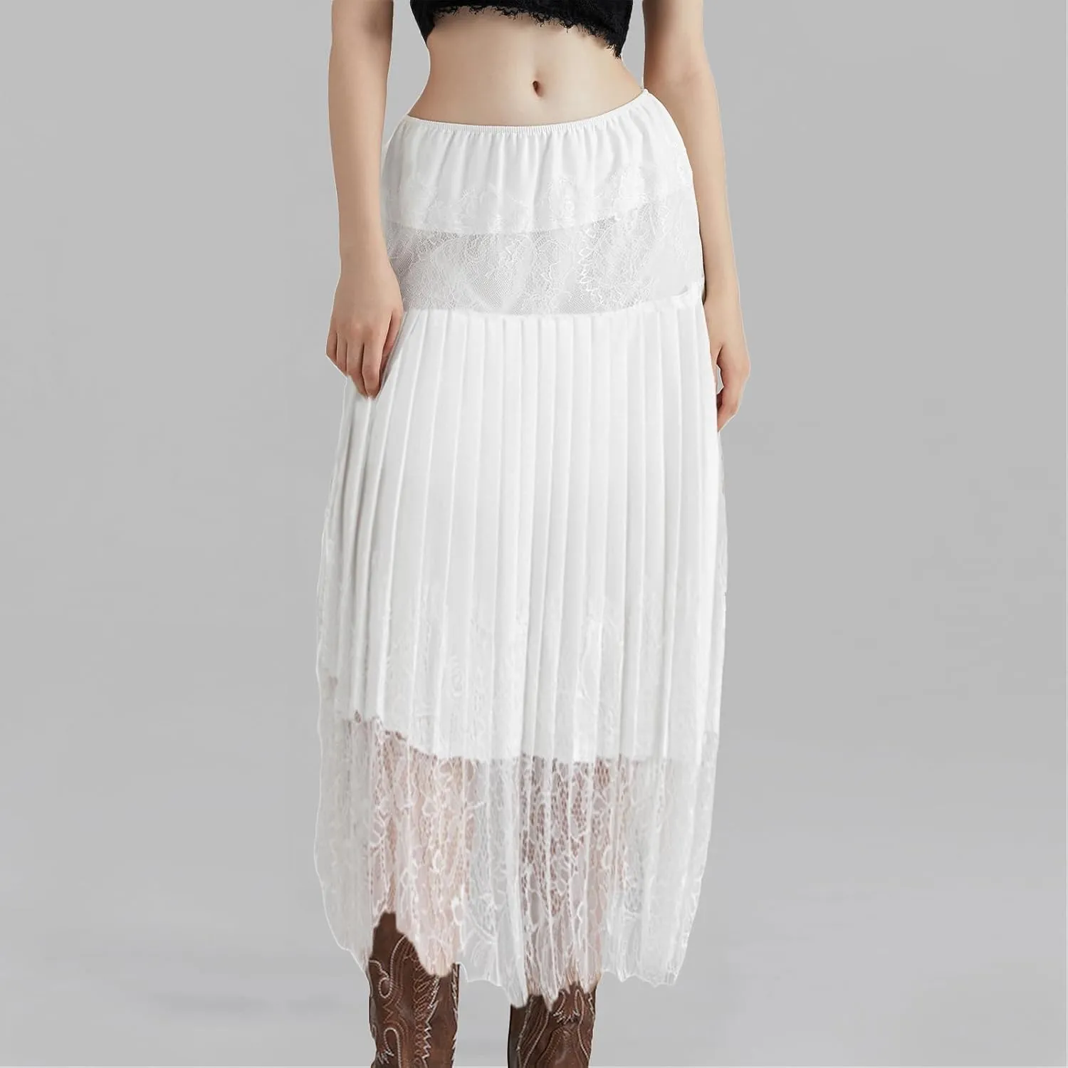 Women Y2k Lace Slip Skirt Elastic Mid Waist Midi Skirts Pleated Ruffle Flowy Skirts Layered Slip Skirt Streetwear