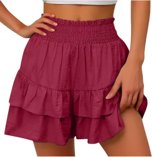 Women's 2025 Bohemian Stretch Waist Solid Pleated Flared Ruffle Mini Skater Skirt, S-2XL