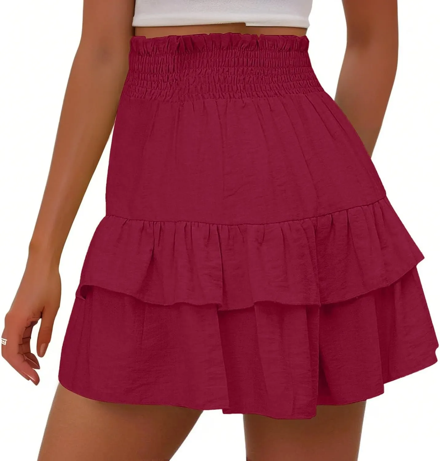 Women's 2025 Bohemian Stretch Waist Solid Pleated Flared Ruffle Mini Skater Skirt, S-2XL