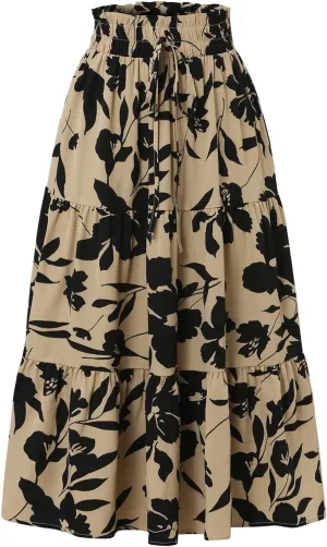 Women's 2025 Spring High Waist Floral Pleated A Line Boho Beach Casual Swing Long Skirts, S-XL
