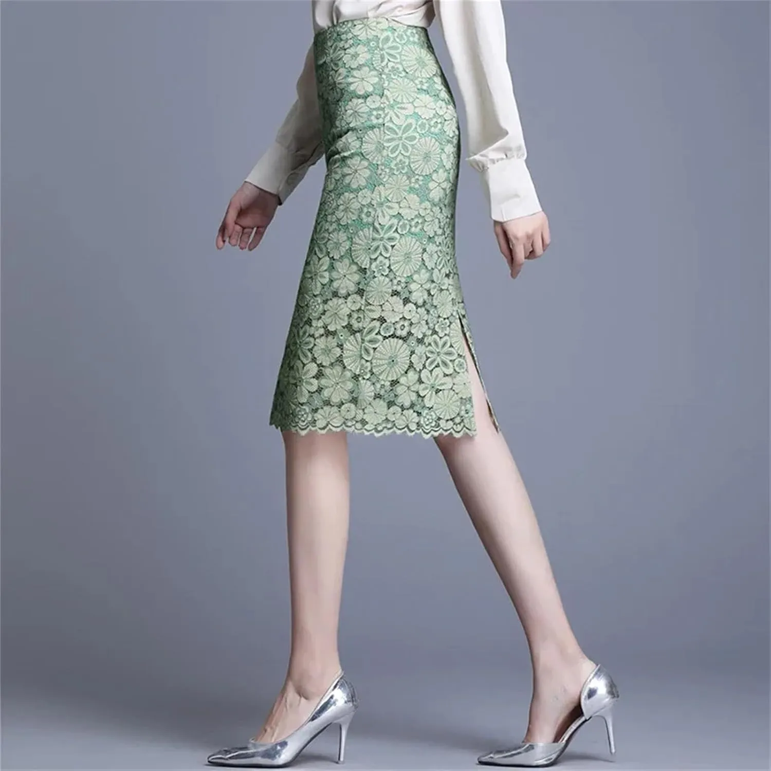 Women's 2025 Spring Summer Lace Skirts Elegant High Waist Back Split Crochet Office Ladies Midi Pencil Skirt