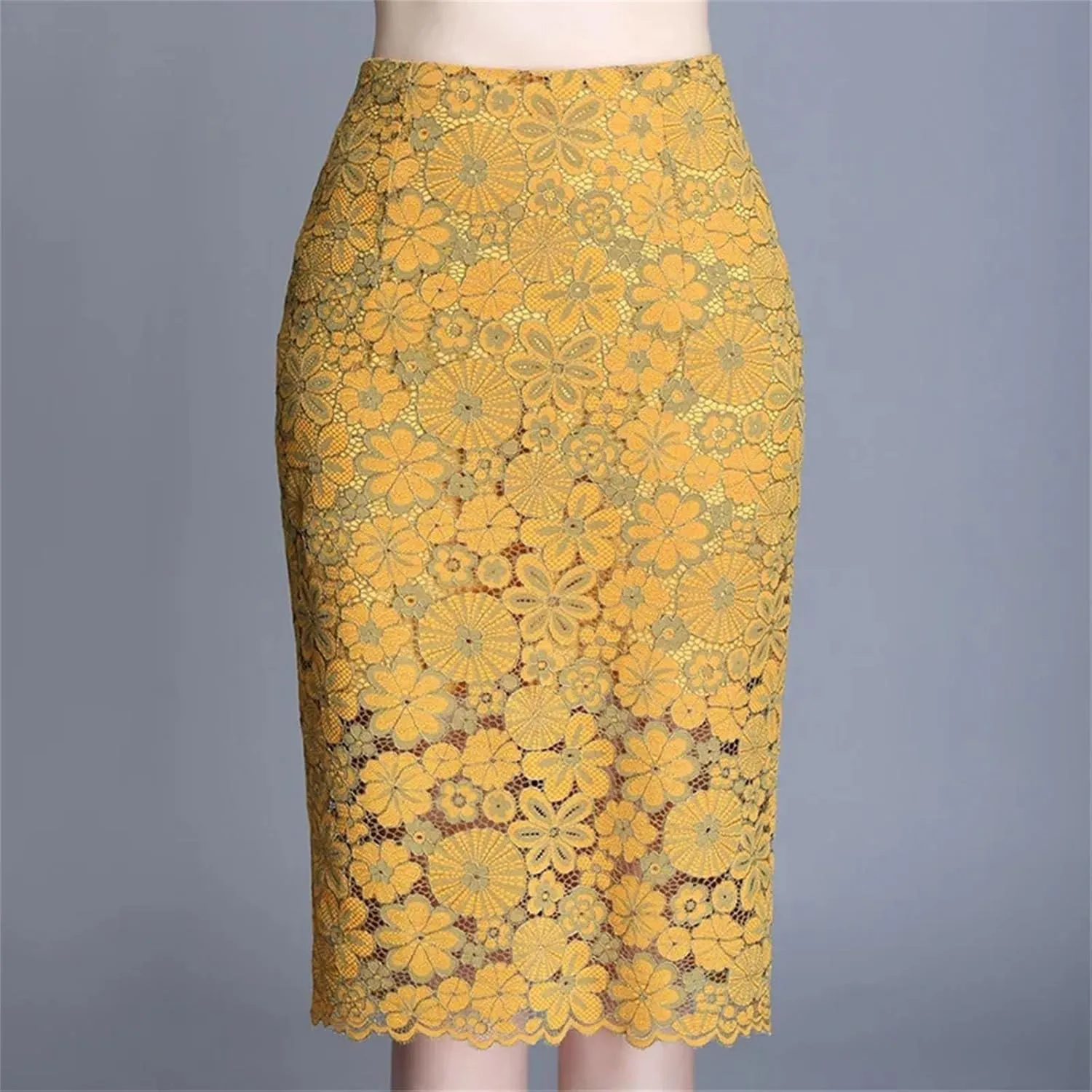 Women's 2025 Spring Summer Lace Skirts Elegant High Waist Back Split Crochet Office Ladies Midi Pencil Skirt