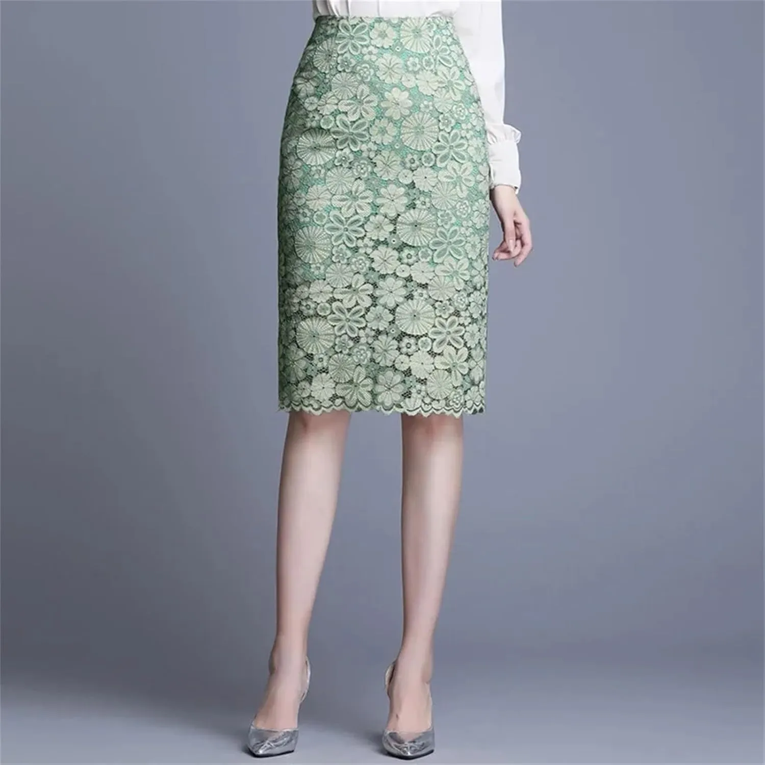 Women's 2025 Spring Summer Lace Skirts Elegant High Waist Back Split Crochet Office Ladies Midi Pencil Skirt