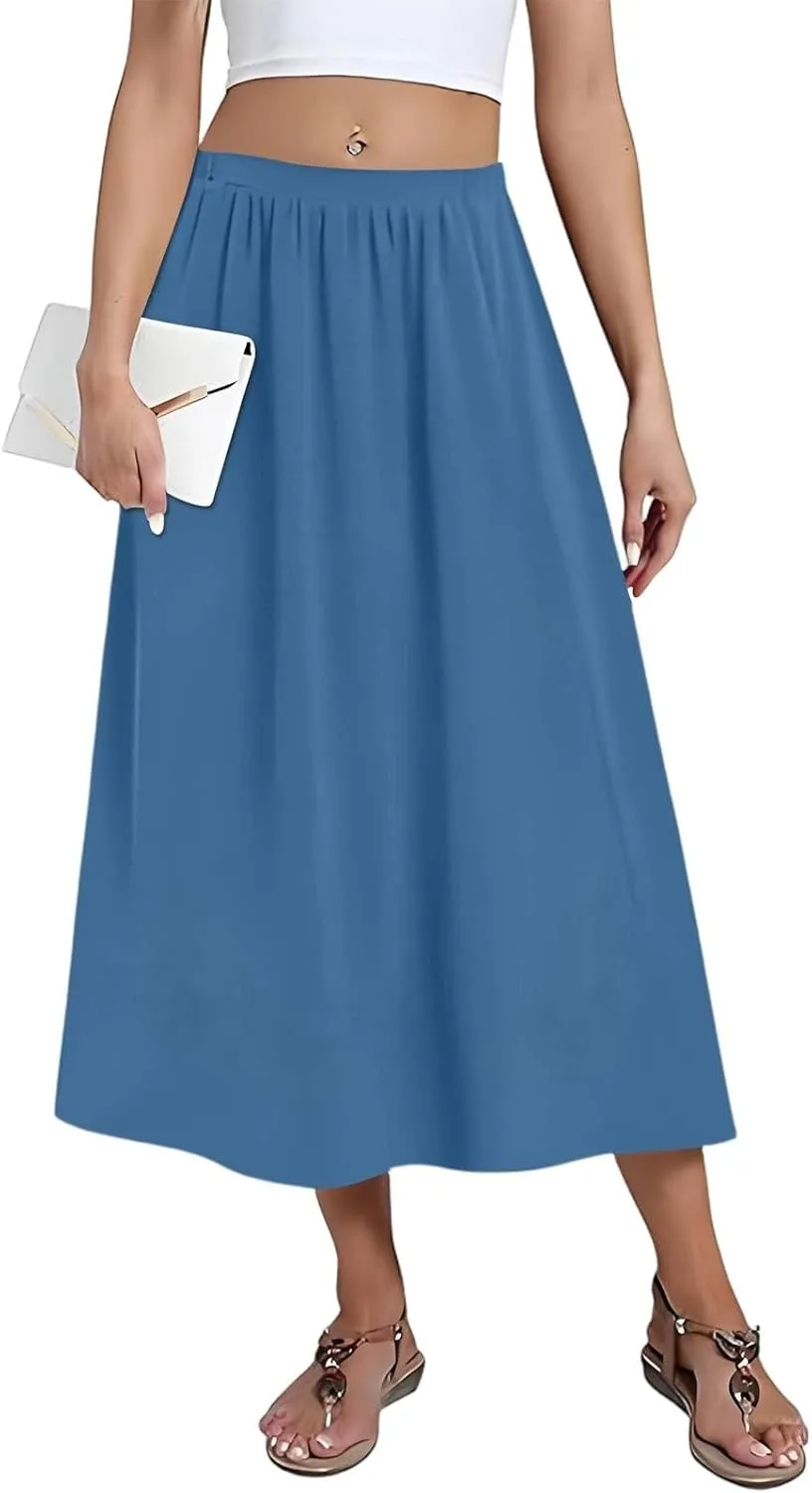 Women's 2025 Spring Summer Stretch Waist Casual Flowy Swing Smocked A Line Beach Long Skirts, S-2XL