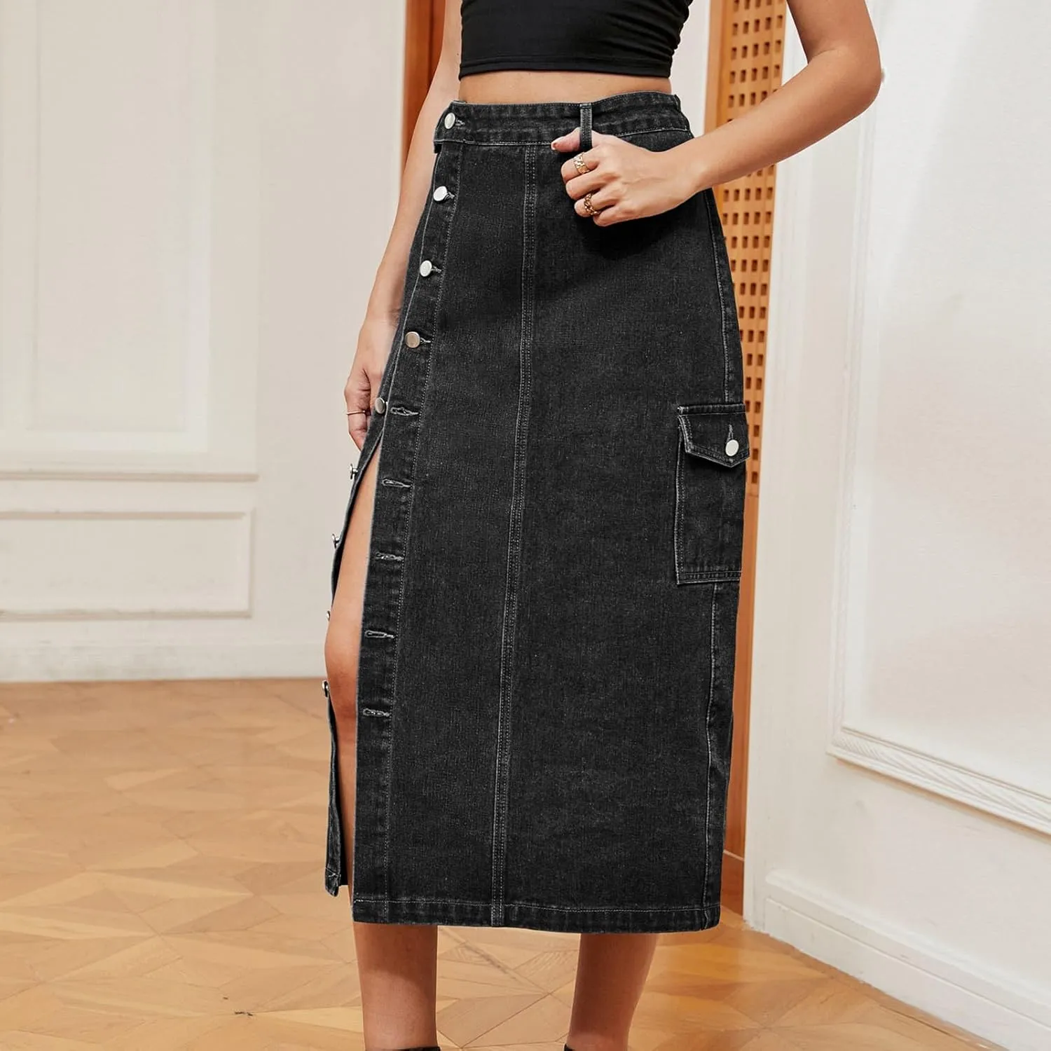 Womens 2025 Summer High Waisted Denim Skirt Button Front Split Hem Stretch Bodycon Midi with Pockets Frayed Edge