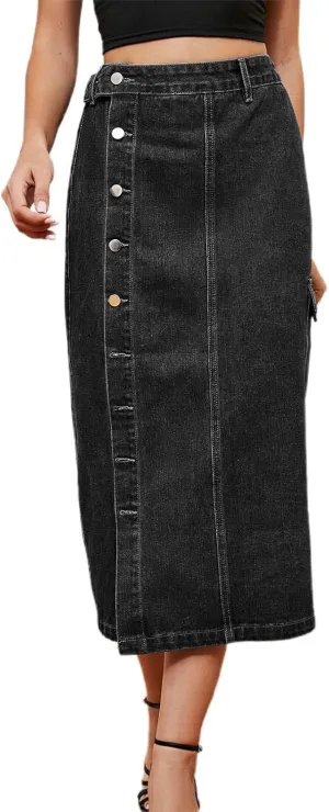 Womens 2025 Summer High Waisted Denim Skirt Button Front Split Hem Stretch Bodycon Midi with Pockets Frayed Edge