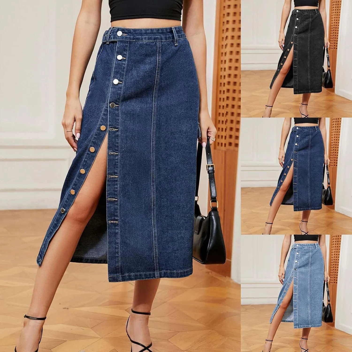 Womens 2025 Summer High Waisted Denim Skirt Button Front Split Hem Stretch Bodycon Midi with Pockets Frayed Edge