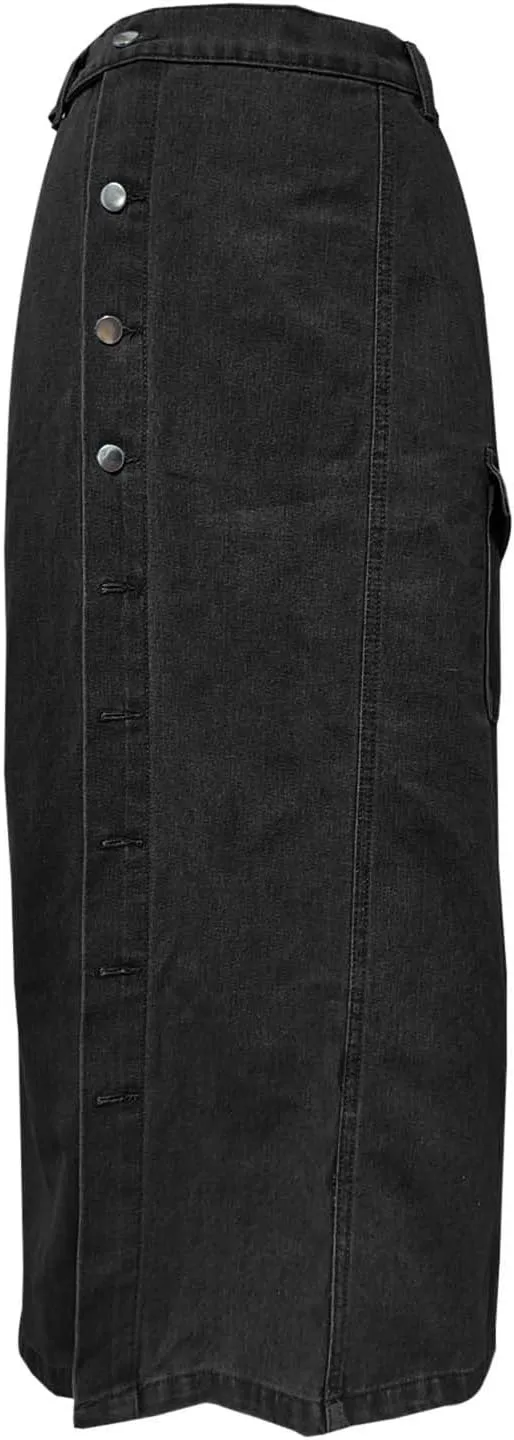 Womens 2025 Summer High Waisted Denim Skirt Button Front Split Hem Stretch Bodycon Midi with Pockets Frayed Edge