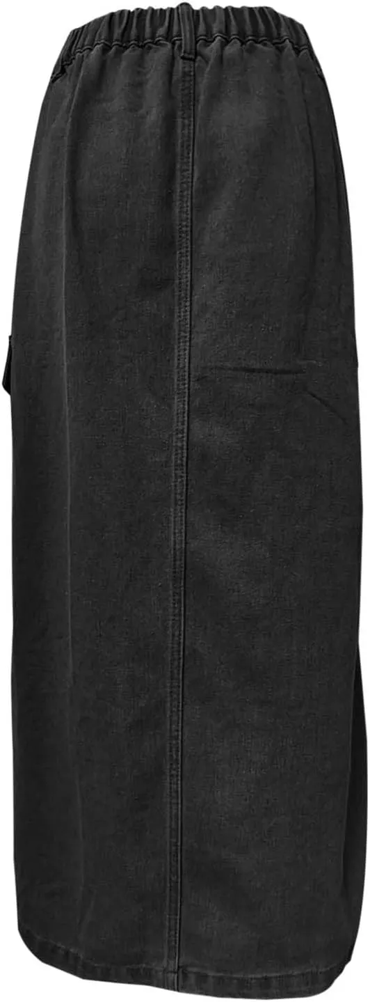 Womens 2025 Summer High Waisted Denim Skirt Button Front Split Hem Stretch Bodycon Midi with Pockets Frayed Edge