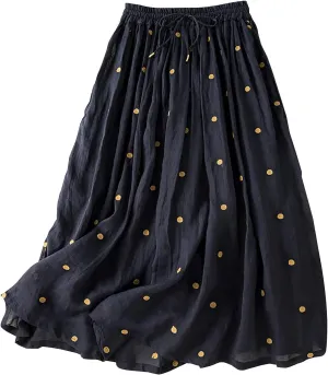 Women's Basic Elastic Waist Pleated Skirts Drawstring Tie Front Midi Skirt Flowy Casual A-Line Swing Skirt Dress