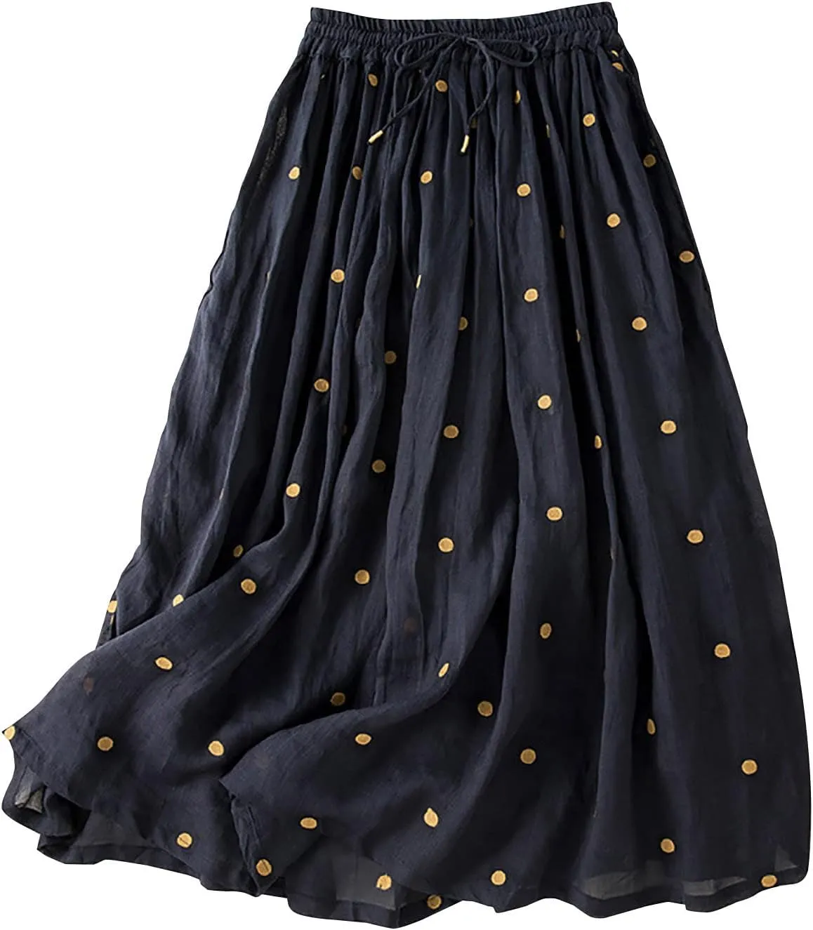 Women's Basic Elastic Waist Pleated Skirts Drawstring Tie Front Midi Skirt Flowy Casual A-Line Swing Skirt Dress
