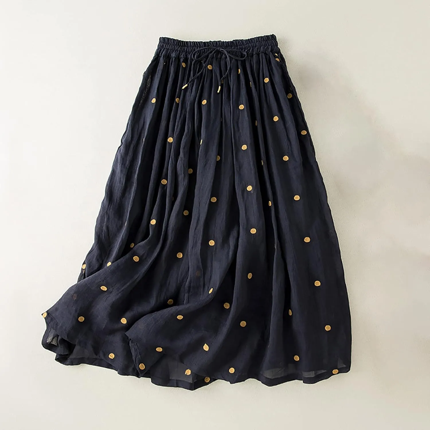 Women's Basic Elastic Waist Pleated Skirts Drawstring Tie Front Midi Skirt Flowy Casual A-Line Swing Skirt Dress