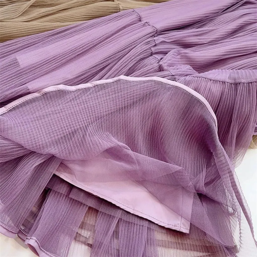 Women's Basic Midi Tulle Skirt Elastic High Waist Mesh Formal Prom Party Tutu Pleated Skirts