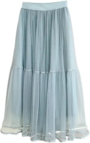 Women's Basic Midi Tulle Skirt Elastic High Waist Mesh Formal Prom Party Tutu Pleated Skirts