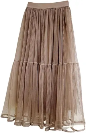 Women's Basic Midi Tulle Skirt Elastic High Waist Mesh Formal Prom Party Tutu Pleated Skirts