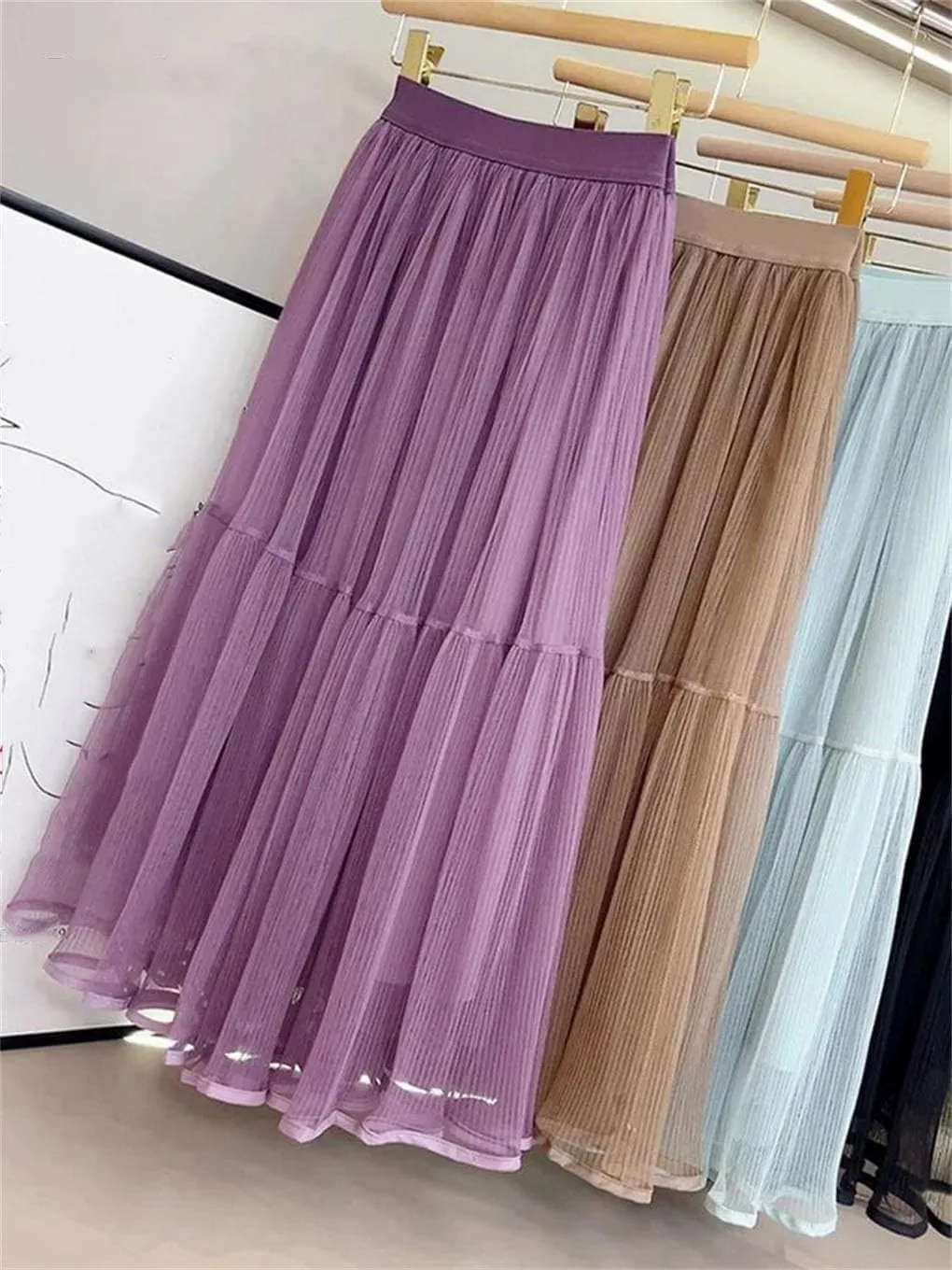 Women's Basic Midi Tulle Skirt Elastic High Waist Mesh Formal Prom Party Tutu Pleated Skirts