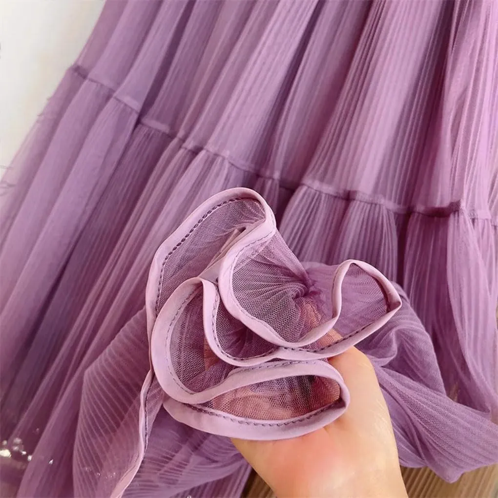 Women's Basic Midi Tulle Skirt Elastic High Waist Mesh Formal Prom Party Tutu Pleated Skirts