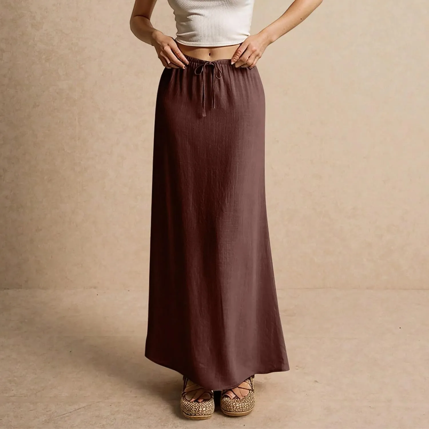 Women's Boho Skirts Summer Casual Loose Trendy Drawstring Solid Color Long Maxi Beach Sun Skirt, S-2XL