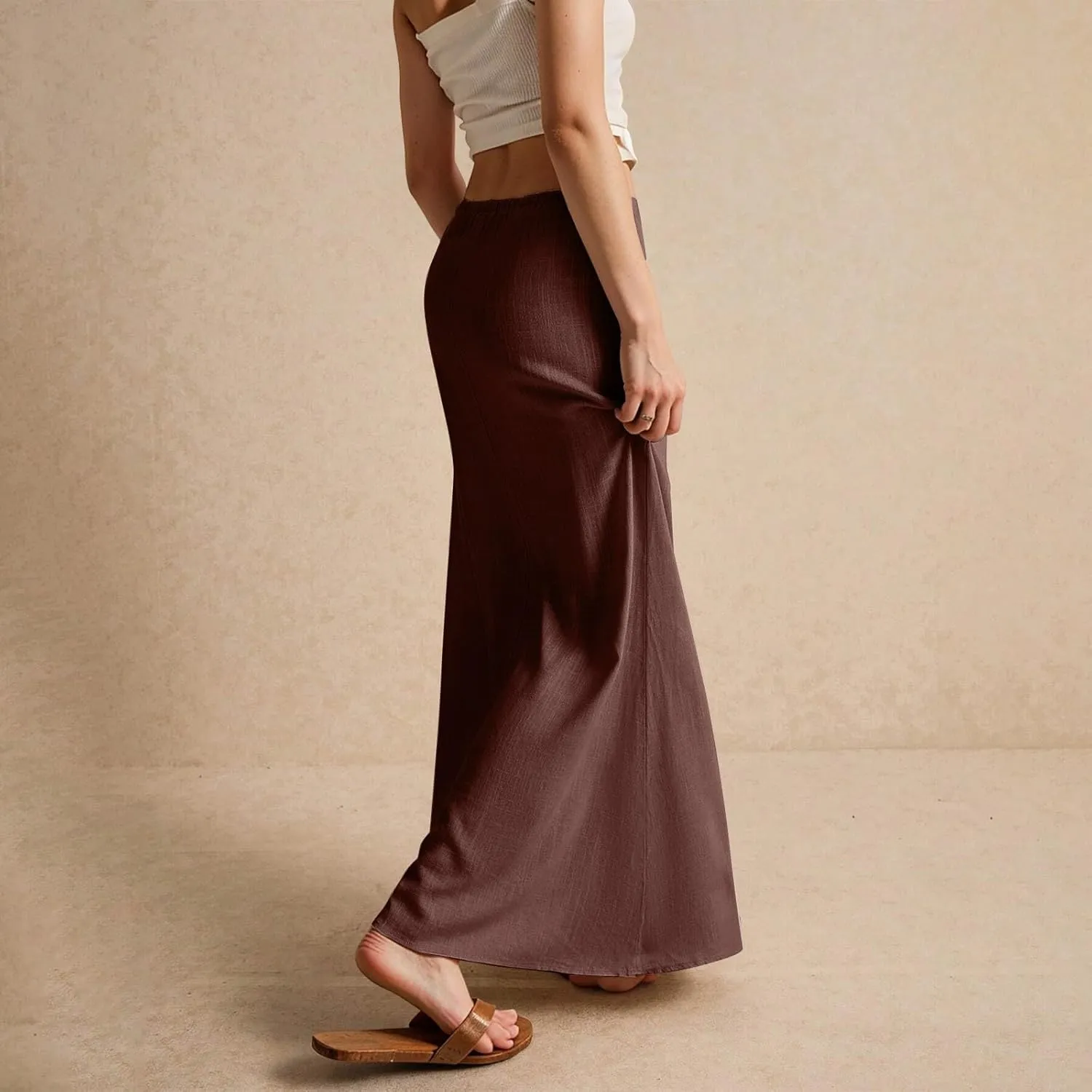 Women's Boho Skirts Summer Casual Loose Trendy Drawstring Solid Color Long Maxi Beach Sun Skirt, S-2XL