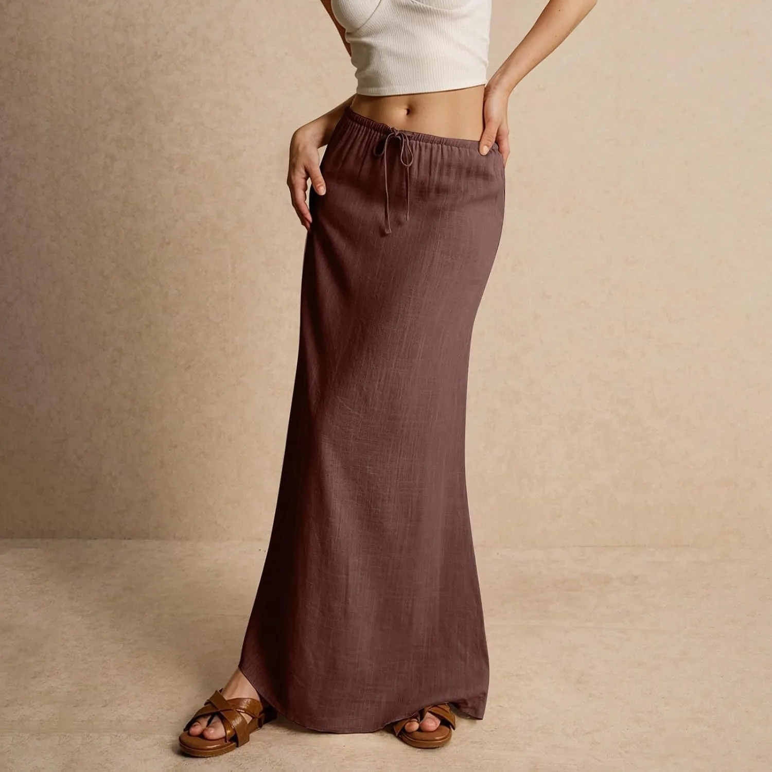 Women's Boho Skirts Summer Casual Loose Trendy Drawstring Solid Color Long Maxi Beach Sun Skirt, S-2XL