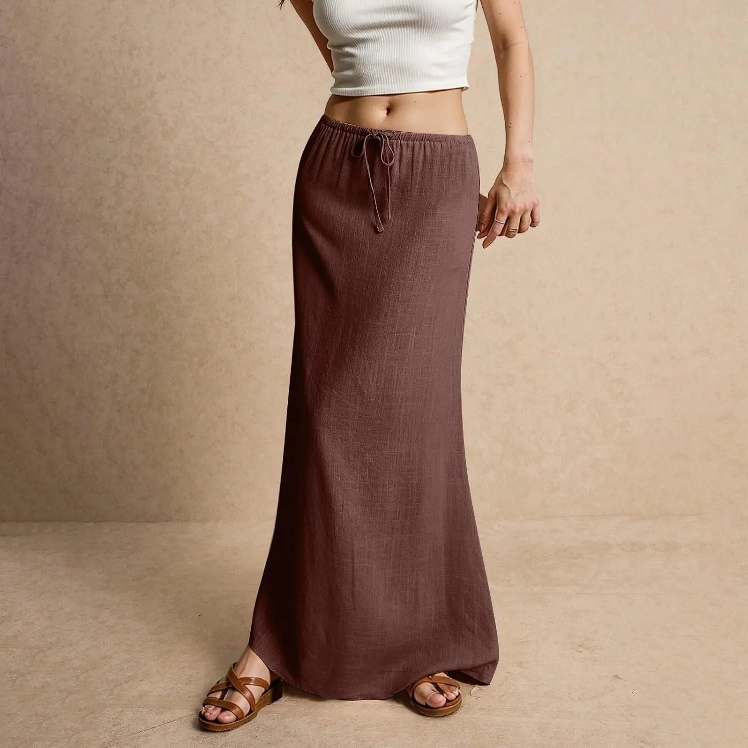 Women's Boho Skirts Summer Casual Loose Trendy Drawstring Solid Color Long Maxi Beach Sun Skirt, S-2XL