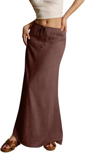 Women's Boho Skirts Summer Casual Loose Trendy Drawstring Solid Color Long Maxi Beach Sun Skirt, S-2XL
