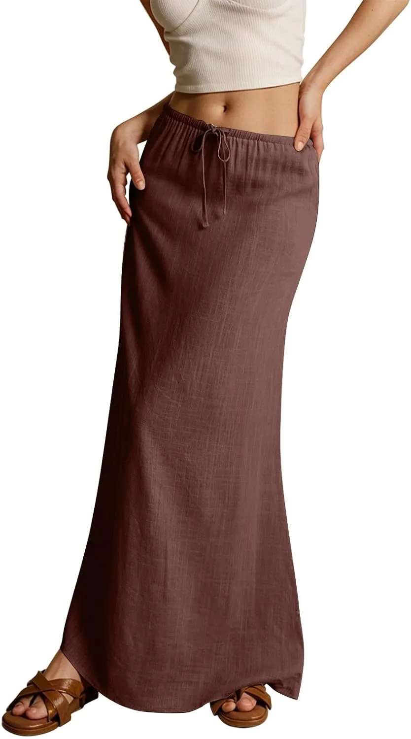 Women's Boho Skirts Summer Casual Loose Trendy Drawstring Solid Color Long Maxi Beach Sun Skirt, S-2XL