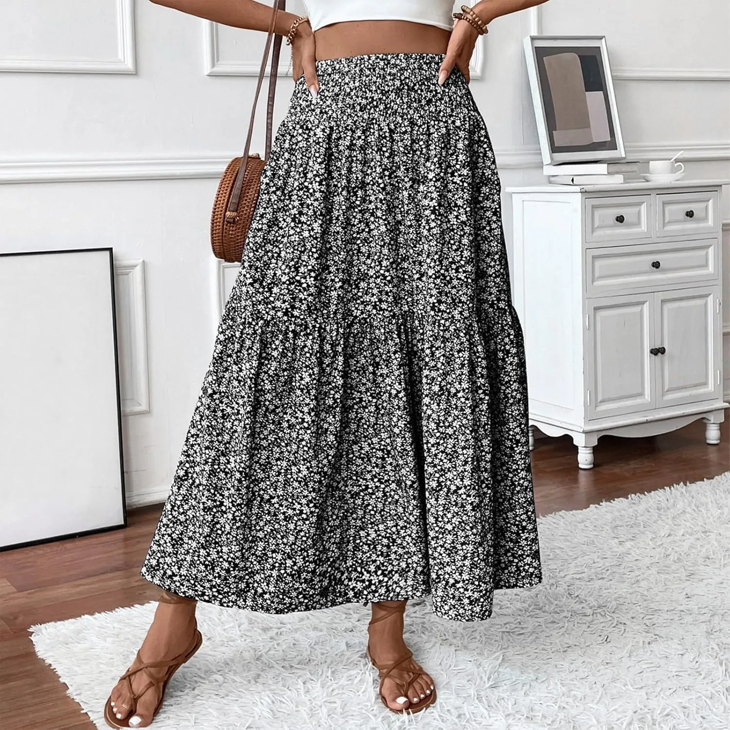 Women's Boho Skirts Summer Casual Loose Trendy Elastic Waist Floral Printed Bohemian Flowy A-Line Skirt 2025, S-XL
